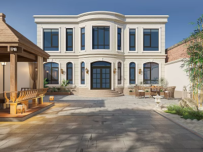 Detached Villa With White Exterior Large Windows Porch Outdoor Pavilion Stone Patio And Landscaped Garden 3d model