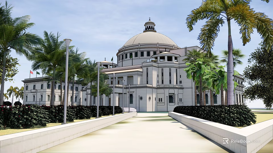 Grand Hotel Building Featuring Large Dome And Palm Trees With Neat Shrubs Along Main Pathway 3d model 
