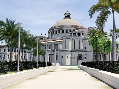 Grand Hotel Building Featuring Large Dome And Palm Trees With Neat Shrubs Along Main Pathway 3d model