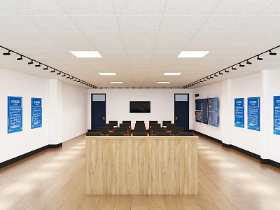 Spacious Modern Service Hall Interior With Wooden Reception Desk Seating And Blue Information Boards 3d model