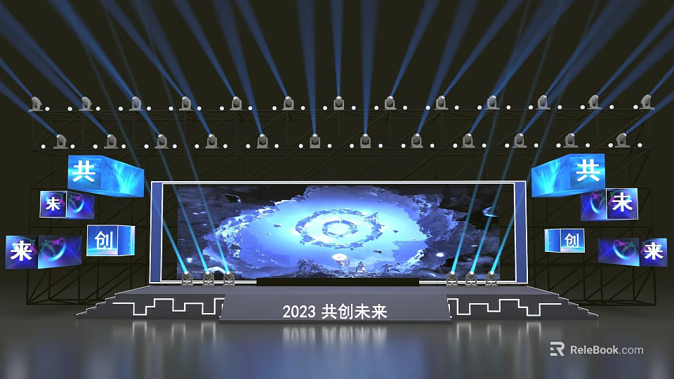 2023 Create Future Together Event Stage With Lighting Large Screen Earth Graphic And Circular Design 3d model 