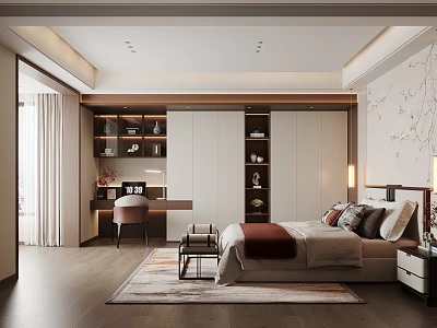 Modern Elegant Bedroom Interior With Bed Desk Cabinet And Decorative Rug 3d model