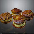 Fresh Appetizing Muffins With Red Top Yellow Filling And Powdered Sugar On Black Background