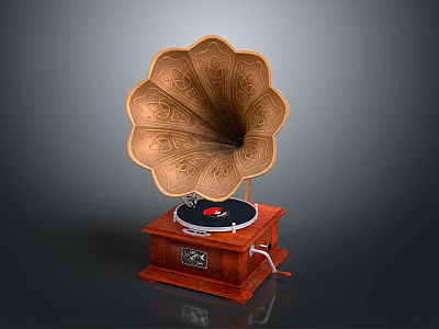 Vintage Phonograph Audio Equipment With Wooden Base Horn Shaped Speaker Black Turntable And Decorative Patterns 3d model