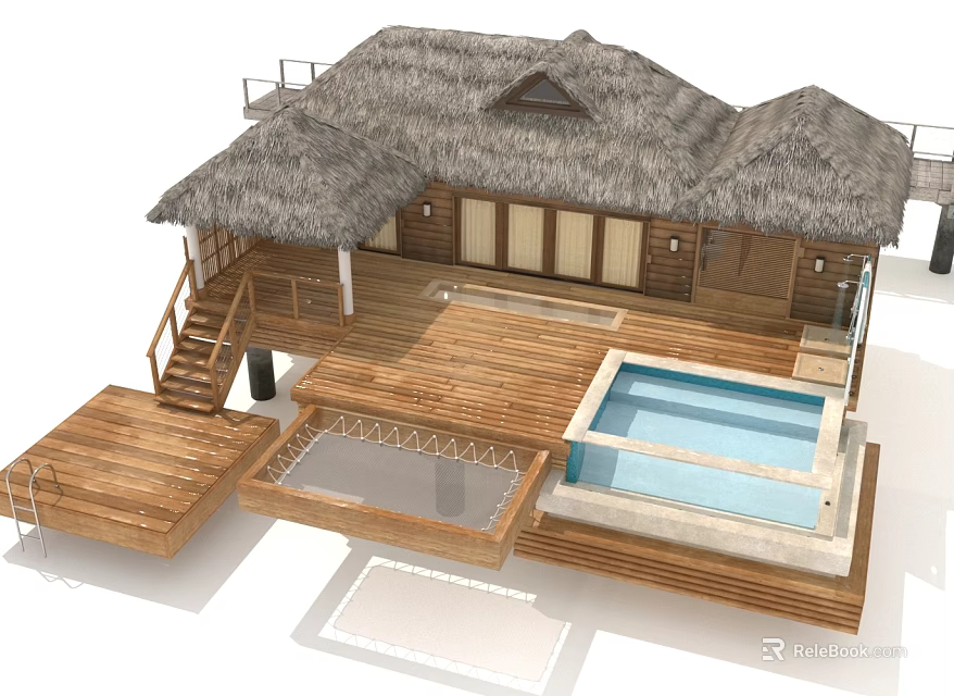 Wooden Overwater Villa With Thatched Roof Open Deck Swimming Pool And Staircase 3d model 