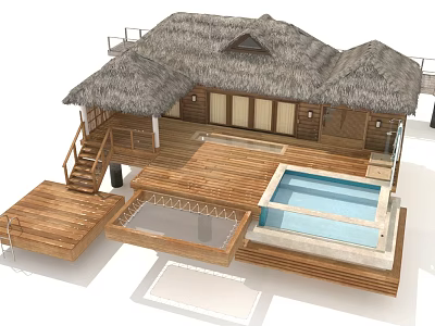 Wooden Overwater Villa With Thatched Roof Open Deck Swimming Pool And Staircase 3d model