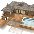 Wooden Overwater Villa With Thatched Roof Open Deck Swimming Pool And Staircase