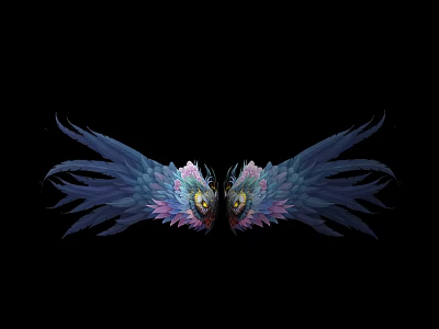 Detailed Symmetrical Wings With Blue Pink Feathers On Black Background 3d model