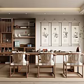 Traditional Chinese Tea Room Interior With Wooden Furniture Tea Sets Calligraphy Paintings And Green Plants