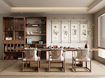 New Chinese Style Tea Room Solid Wood Tea Table and Chair Tea Making Table Tea Product Tea Area Tea Tray Tea Set Large Plate Table Antique Frame Decorative Painting 3d model