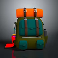 Green Outdoor Backpack With Orange Top Brown Straps Red Flag And Multiple Side Pockets 3d model