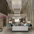 Modern Property Sales Office Interior with Display Podiums Marble Reception Counter Chandelier and Green Plants