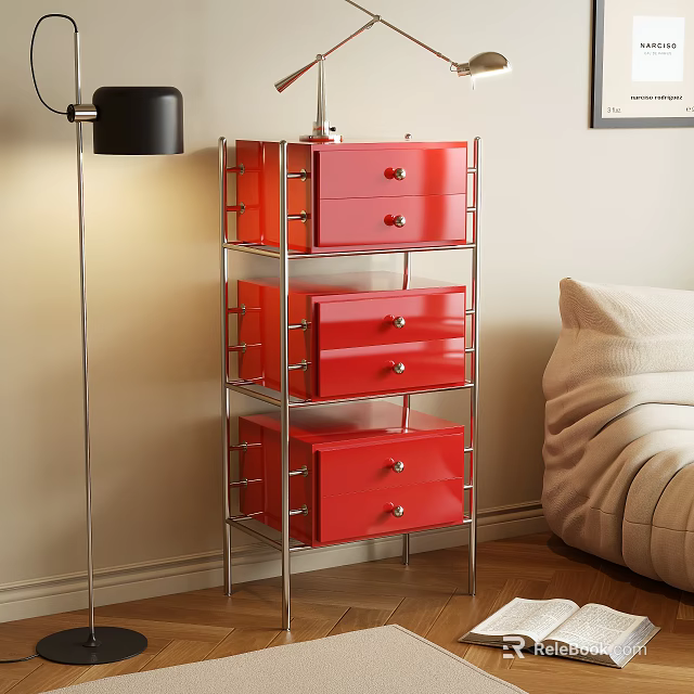 Red Modern Console Side Cabinet With Multiple Drawers And Metal Frame Design 3d model