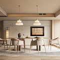 Modern Restaurant Interior Design With Wooden Dining Table Beige Chairs Pendant Lights And Artwork