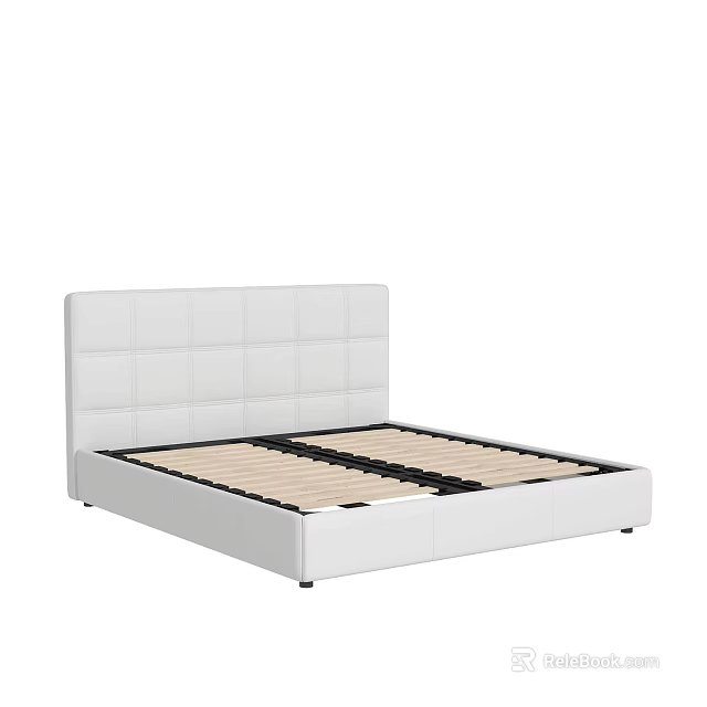 White Upholstered Double Bed With Tufted Headboard Modern Minimalist Sturdy Frame 3d model