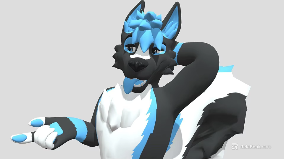 3D Anthropomorphic Wolf Game Character Posing With Blue Black Fur White Chest And Extended Hand 3d model 