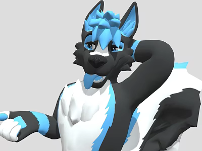3D Anthropomorphic Wolf Game Character Posing With Blue Black Fur White Chest And Extended Hand 3d model