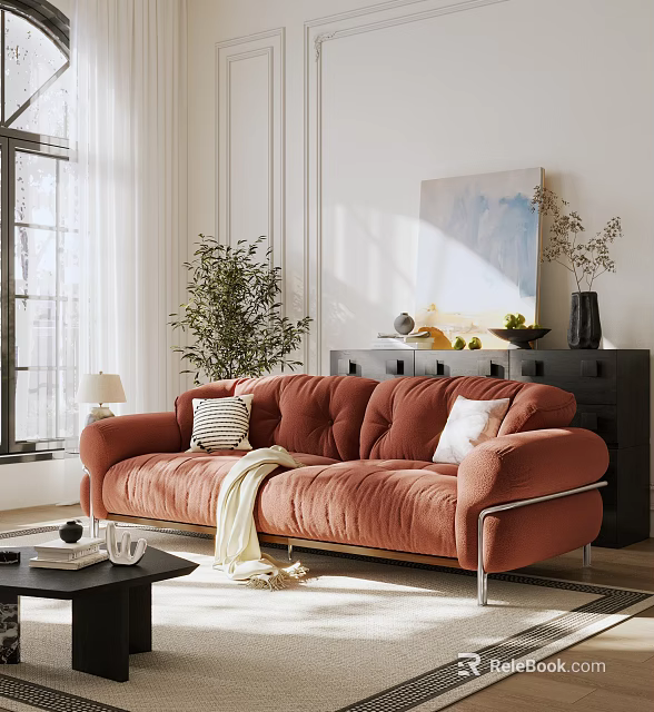Comfortable Modern Living Room Sofa Coffee Table Set With Orange Velvet Couch And Decorative Art 3d model 