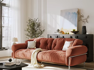 Comfortable Modern Living Room Sofa Coffee Table Set With Orange Velvet Couch And Decorative Art 3d model