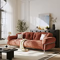 Comfortable Modern Living Room Sofa Coffee Table Set With Orange Velvet Couch And Decorative Art