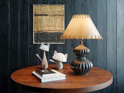 Elegant Table Lamp On Wooden Table With Cat Figurines Books And Dark Wooden Wall Art 3d model