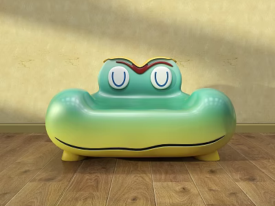 Cartoon Style Green Yellow Gradient Frog Shaped Double Sofa with Eyes Mouth on Wooden Floor 3d model