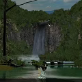 Scenic Waterfall Surrounded By Lush Green Trees Rocky Mountains And Clear Blue Pool