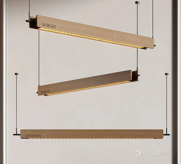 Three Modern FUSTA Wooden Linear Pendant Lights with Warm Illumination Hanging from Ceiling 3d model 
