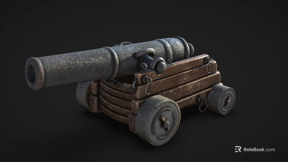 Vintage Cannon Weapon With Metal Barrel Wooden Carriage And Wheels 3d model 