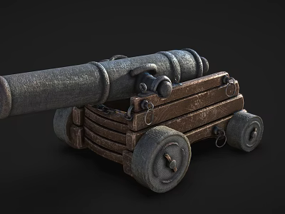 Vintage Cannon Weapon With Metal Barrel Wooden Carriage And Wheels 3d model