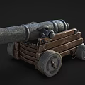 Vintage Cannon Weapon With Metal Barrel Wooden Carriage And Wheels