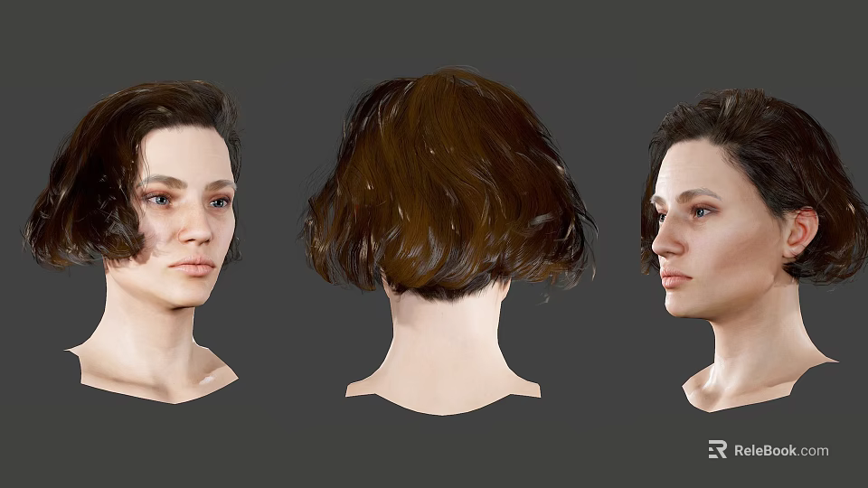 Realistic Female Short Brown Wavy Hair Hairstyle Design From Multiple Angles View 3d model 