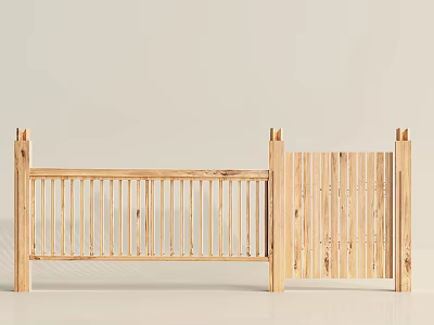 Wooden Fence With Natural Wood Finish Featuring Vertical Slats And Side Gate Design 3d model