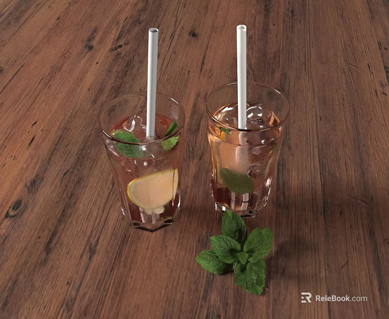 Refreshing Drinks on Wooden Table with Ice Lemon Slices Mint Leaves and Straws 3d model 