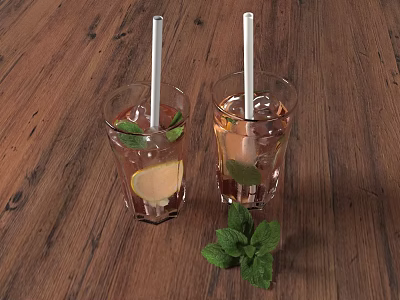 Refreshing Drinks on Wooden Table with Ice Lemon Slices Mint Leaves and Straws 3d model