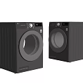 Two Modern Black Washing Machines With Digital Control Panels And Sleek Design