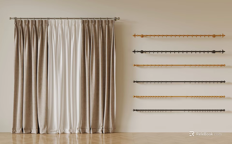 Light And Dark Velvet Curtains With Multiple Curtain Rods On Wall 3d model 
