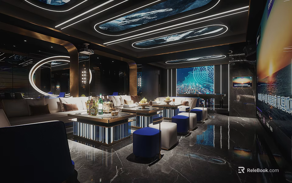 Modern KTV Interior Design With Comfortable Sofas Coffee Tables And Ambient Lighting 3d model