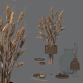 Decorative Wheat Ears Arrangement in Glass Vases with Copper Accents and Modern Decorative Elements
