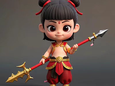 Cute Game And Movie Character With Double Buns Red Hair Decor And Golden Spear 3d model
