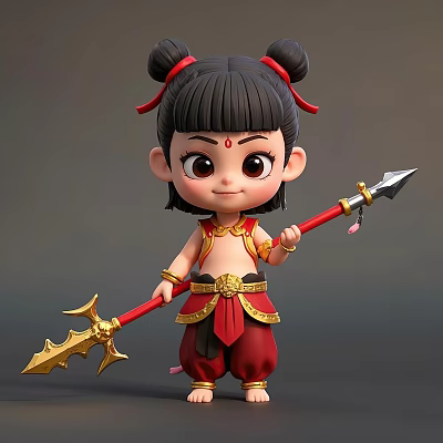 Cute Game And Movie Character With Double Buns Red Hair Decor And Golden Spear 3d model