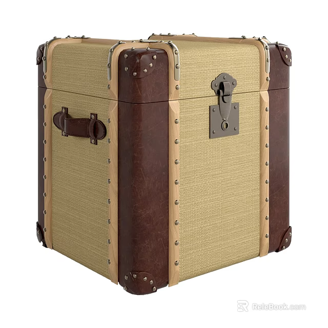 Vintage Square Shaped Storage Trunk With Canvas Leather Material And Metal Lock Rivets 3d model 