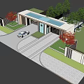 Modern Entrance Gate Design With Wooden Structure Glass Door Car Green Trees And Lawn