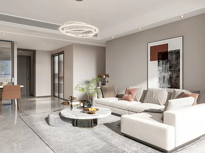 Minimalist Living and Dining Room With White Sofa Round Coffee Table Circular Chandelier Decorative Painting 3d model