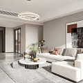 Minimalist Living and Dining Room With White Sofa Round Coffee Table Circular Chandelier Decorative Painting