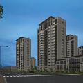 Modern High Rise Residential Building With Evening Lighting And Street Commercial Facilities