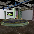 Industrial Garage Scene With Circular Platform Brown Tiles Green Pillars Scaffolding And Green Sports Car
