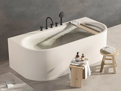 Modern Freestanding White Bathtub with Wooden Stools Towels and Bath Products in Minimalist Bathroom Setting 3d model