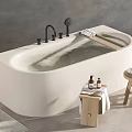 Modern Freestanding White Bathtub with Wooden Stools Towels and Bath Products in Minimalist Bathroom Setting