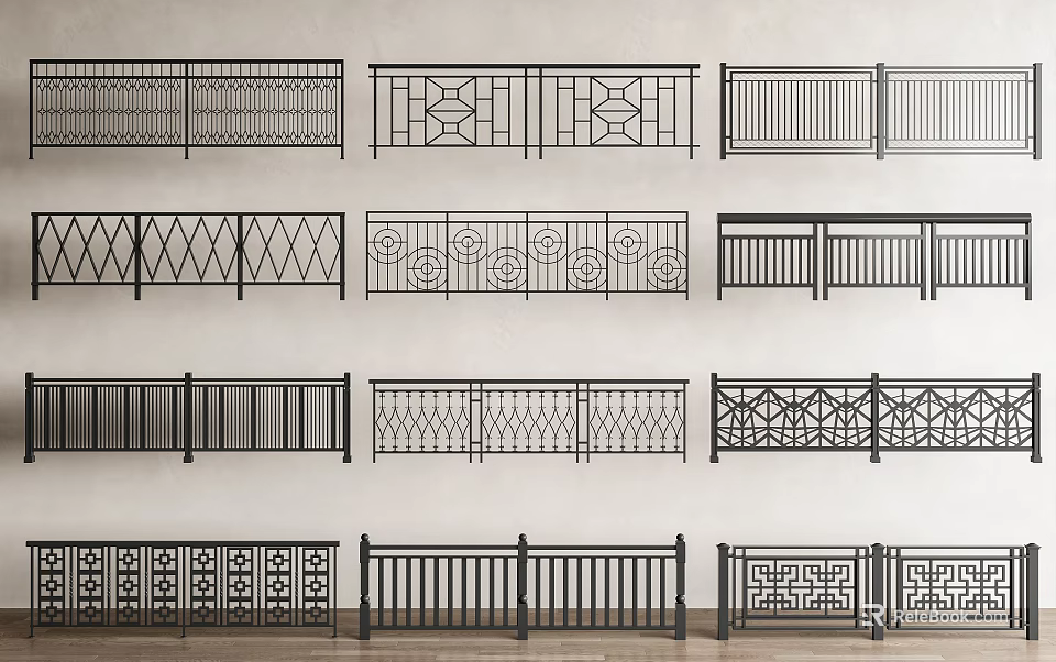 Various Decorative Metal Railings With Intricate Patterns And Designs On 3d model